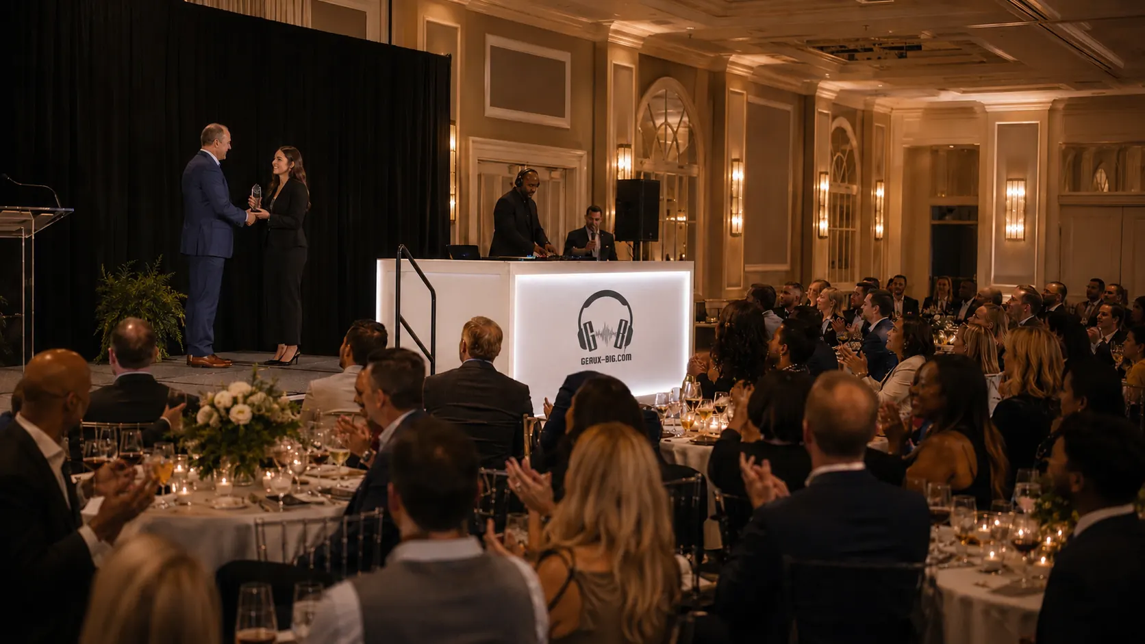 An executive presenting an employee award on stage beside a Geaux BIG emcee booth at a corporate banquet