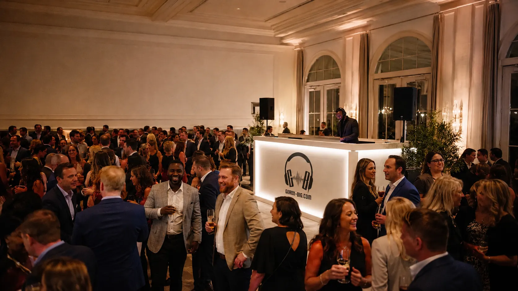 A packed corporate gala in a Louisiana hotel ballroom with a Geaux BIG DJ booth lighting up the room